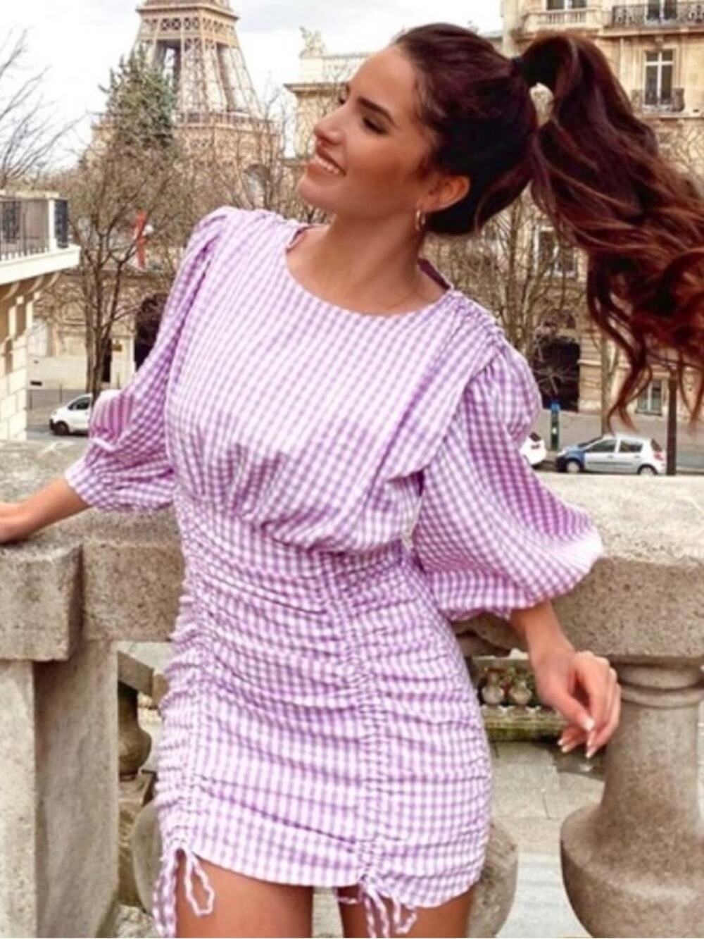 Zara Gingham Ruched Mini Dress Bodycon 3/4 Puff Sleeve Lilac White Check NWT